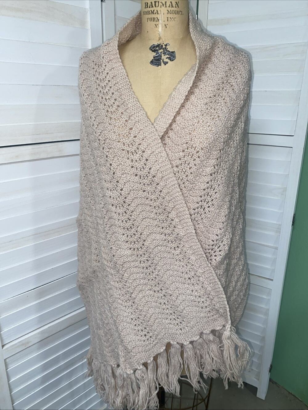 Hand Knit Boho Beige Shawl / Wrap with Fringe Rectangle 62” X 23” Ripple Shell